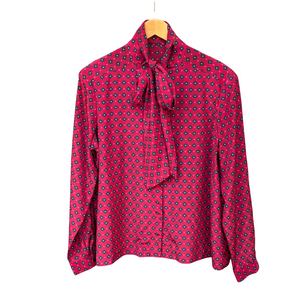Vintage Red Geometric Bow Tie Blouse Dark Academia Librarian Core Retro